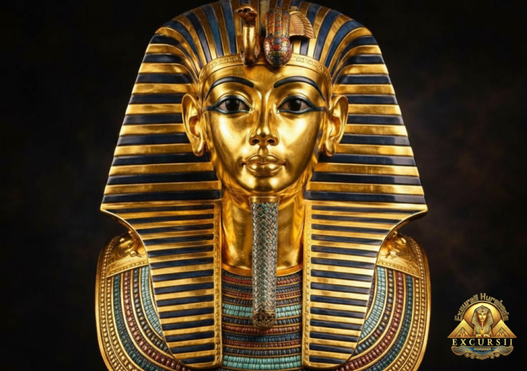 Masca de aur a faraonului Tutankhamon, simbol al Egiptului antic, folosită pentru promovarea excursiilor la Cairo și Giza din Hurghada