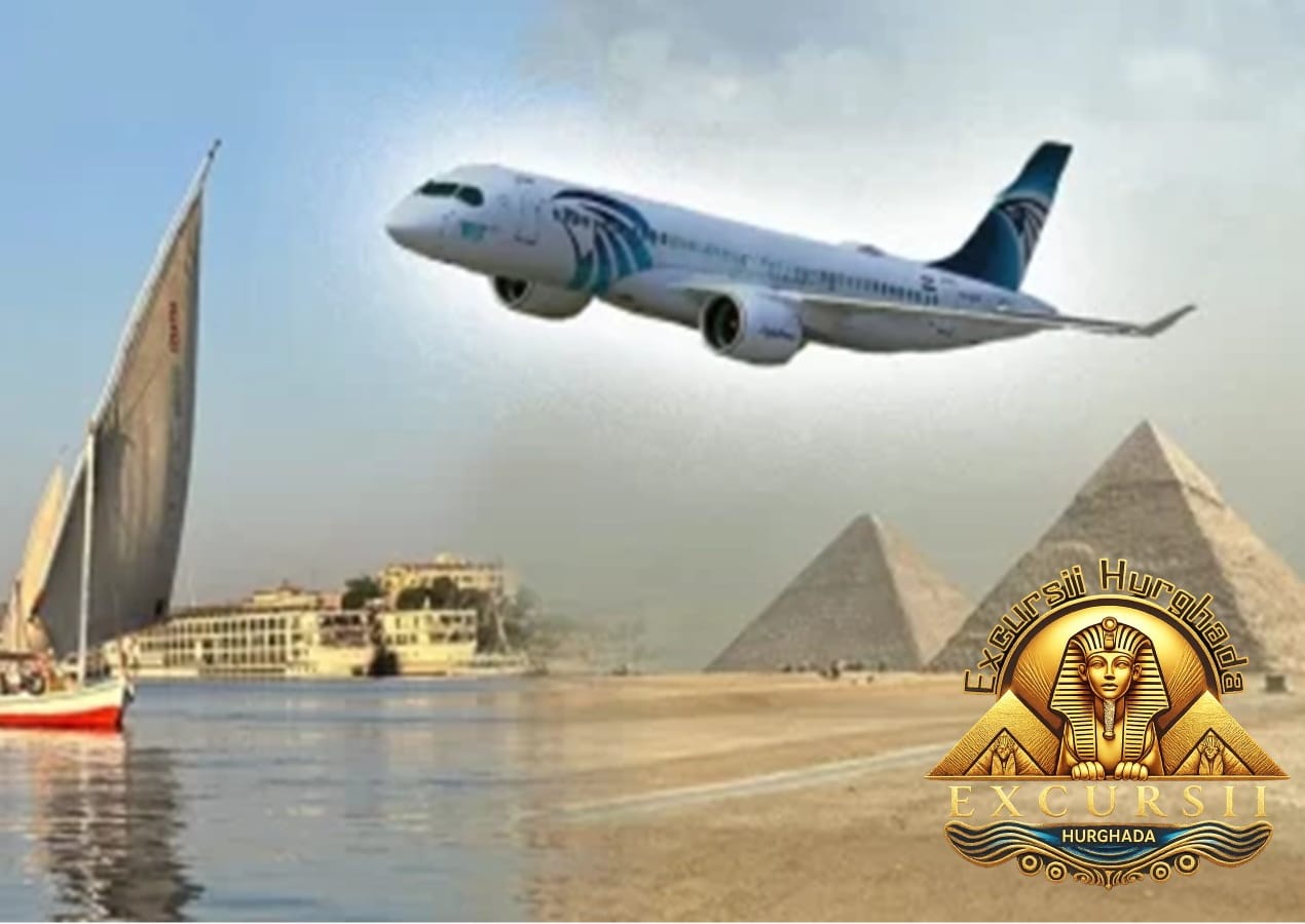 Avion EgyptAir zburand deasupra piramidelor din Giza si a Nilului intr-o excursie Cairo din Hurghada cu avionul – Rapid si confortabil.