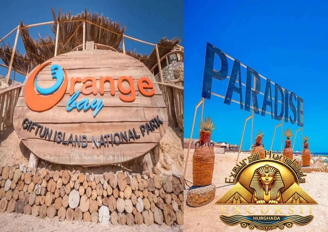 O comparație vizuală între intrarea principală la Orange Bay și intrarea la Paradise Island, pe Giftun Island National Park, ilustrând blogul despre ce insulă să alegi în Hurghada în 2026.