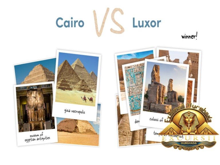 O imagine comparativă de blog care pune în contrast Cairo și Luxor, cu fotografii "polaroid" ale atracțiilor principale (Piramide vs Temple), titlul "Cairo VS Luxor" și logoul "EXCURSII Hurghada" pentru a ilustra opțiunile de excursie din Hurghada.