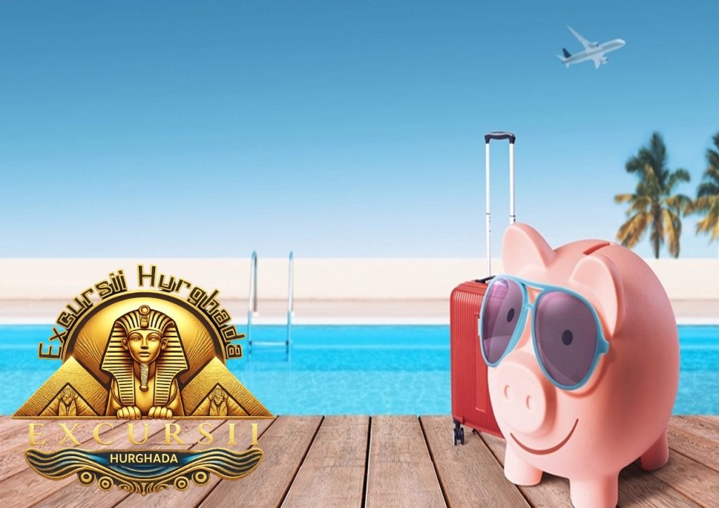 Purcelus pusculita cu ochelari de soare si valiza langa piscina pe plaja, simbolizand o vacanta in Hurghada pe buget redus.
